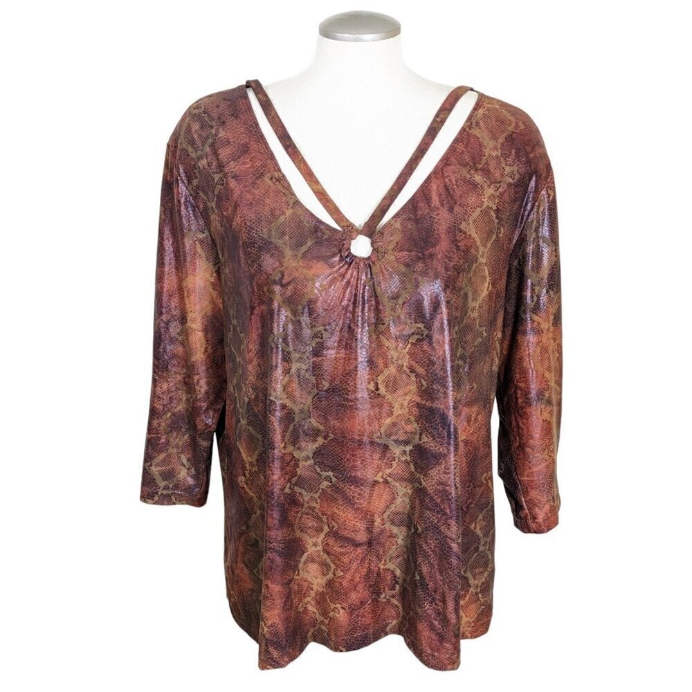 Womens Snakeskin Print Top Plus 2X Edgy Brown Leather Look Reptile Grommet